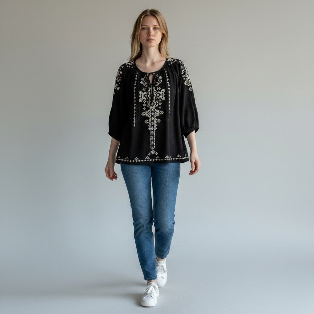 Dressbarn Peasant Blouse Medium Black Embroidered Tie Neck 3/4 Sleeve Boho Top